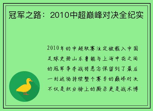 冠军之路：2010中超巅峰对决全纪实