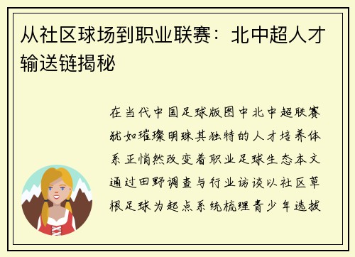 从社区球场到职业联赛：北中超人才输送链揭秘